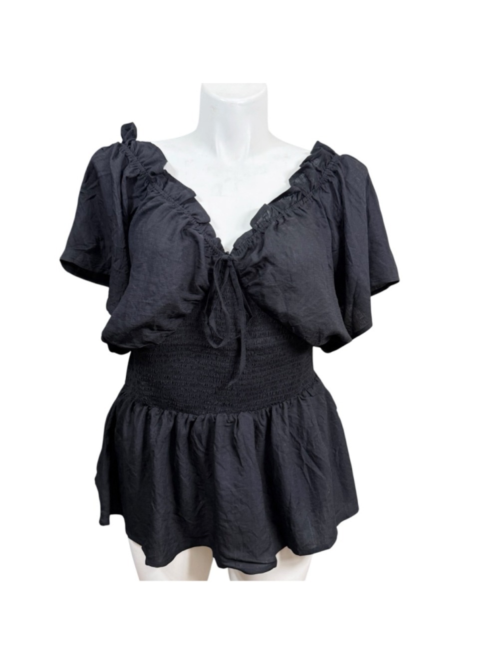 Oddi Black Smocked‎ Peplum Flutter Sleeve Blouse 3XL NWT